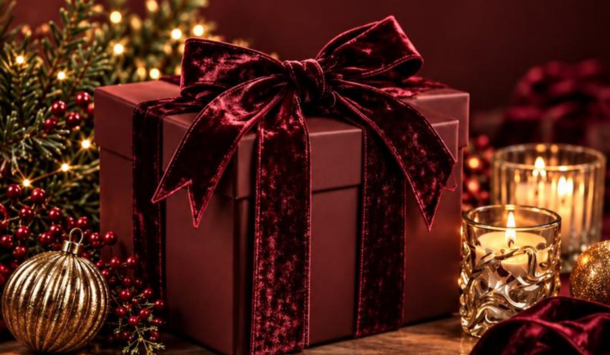 A burgundy gift box tied with a velvet bow, beside candles and gold baubles